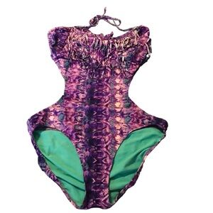 OP Purple Green & White Fringe Boho Snakeskin Print Girl’s Size Large Swimsuit